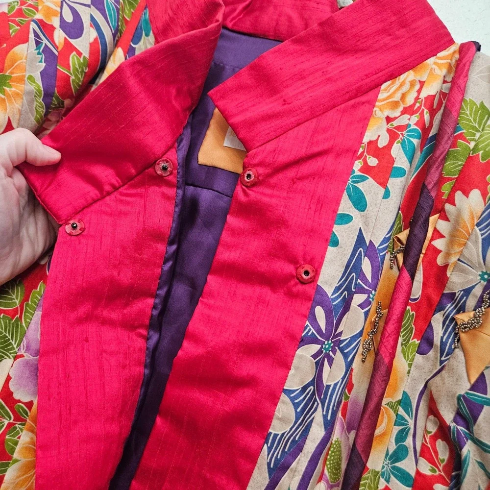 Leilani Bennett Kimono Jacket Set OS Red Silk Floral Patchwork Art Wear Artisan